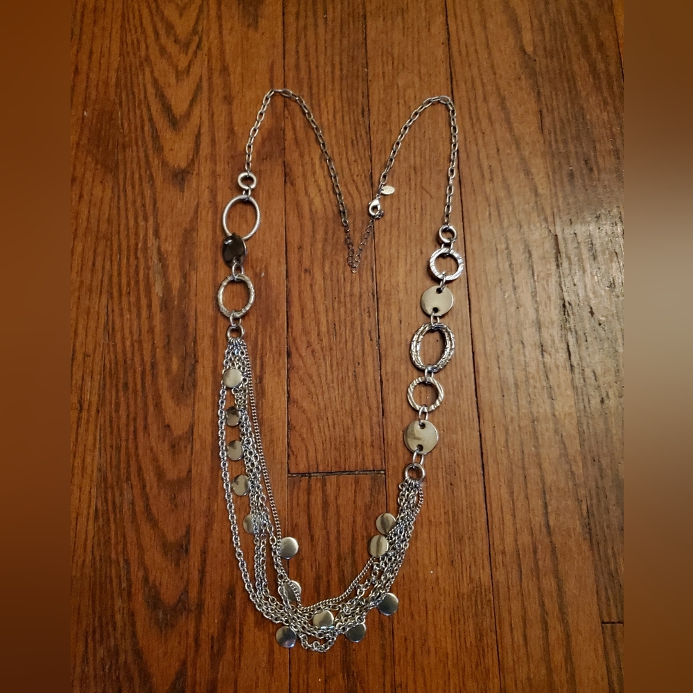 Lia Sophia 21" Necklace with tag. Strands of silver tone discs & chains tiered